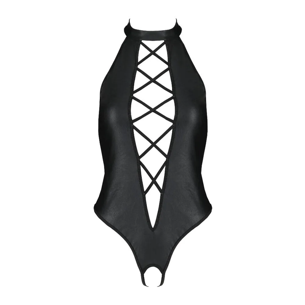 Body noir en simili cuir avec col à cornes, lacage croisé noir du col au nombril, et ouverture centrale, vue de face sur fond blanc