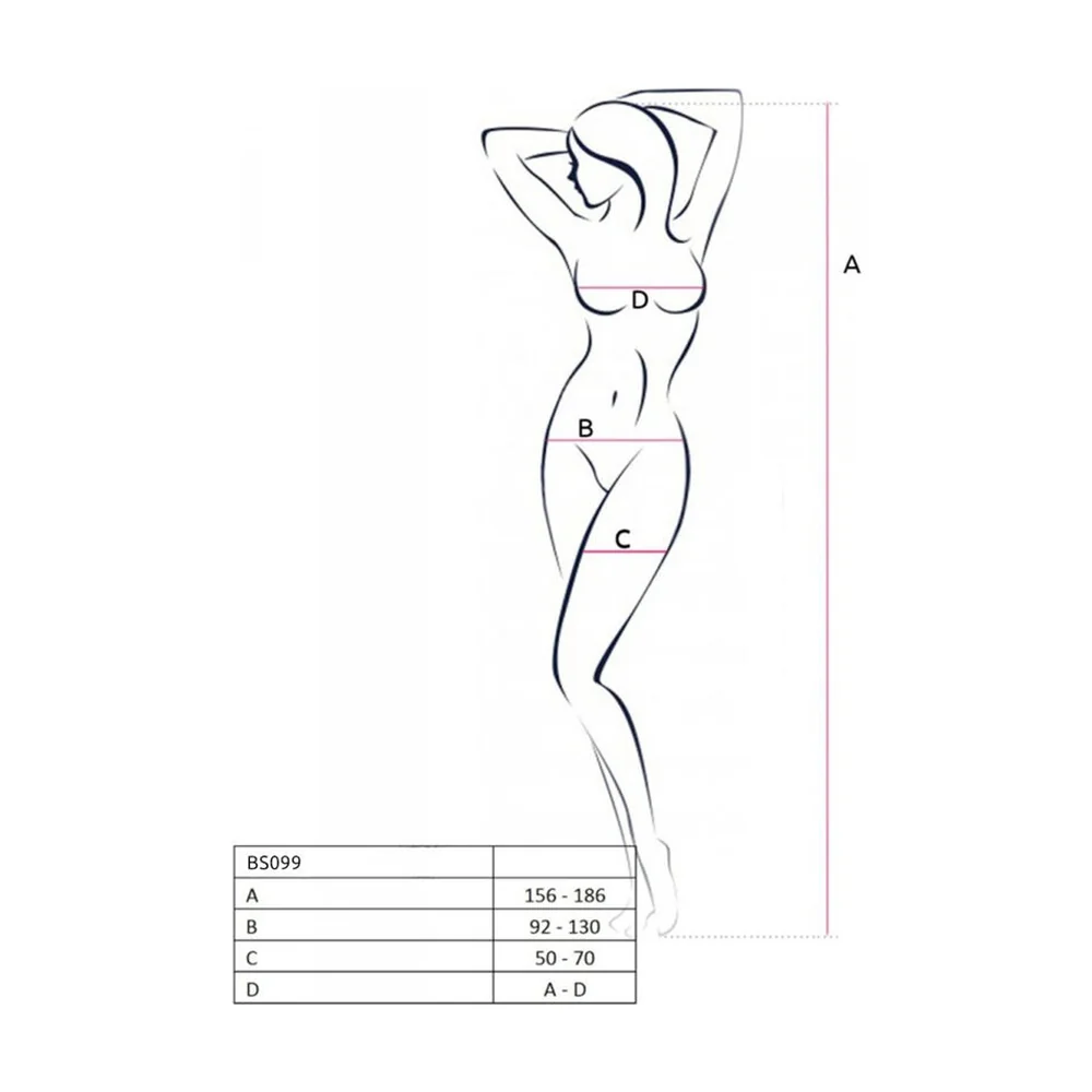 Bodystocking noir en résille ajourée avec détails en dentelle, décolleté plongeant à lacets, ceinture ajourée et bas motif résille, porté sur fond blanc