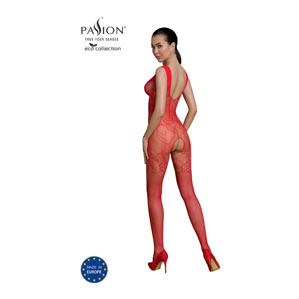 Trois femmes portant des bodystockings intégraux: un en filet brun avec motifs floraux et découpe, un rouge avec dentelle florale, un rose clair avec motifs ajourés