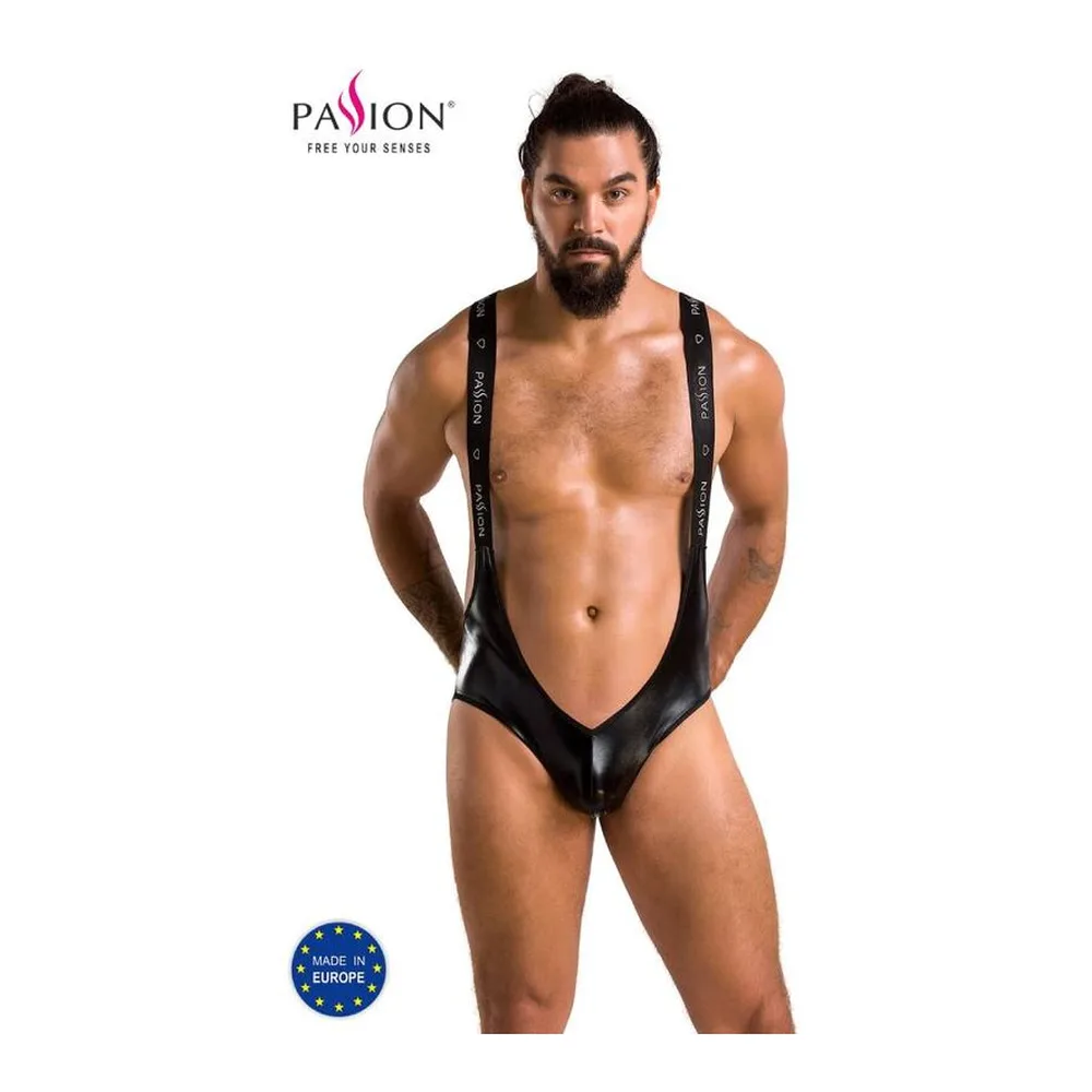 Body noir en similicuir avec profond décolleté en V, bretelles ajustables marquées du texte « Passion », vue de face sur fond blanc