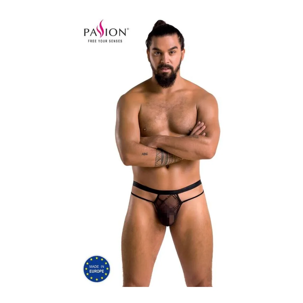 String en dentelle noire à motif quadrillé avec doubles sangles de hanche noires, vue de face sur fond blanc