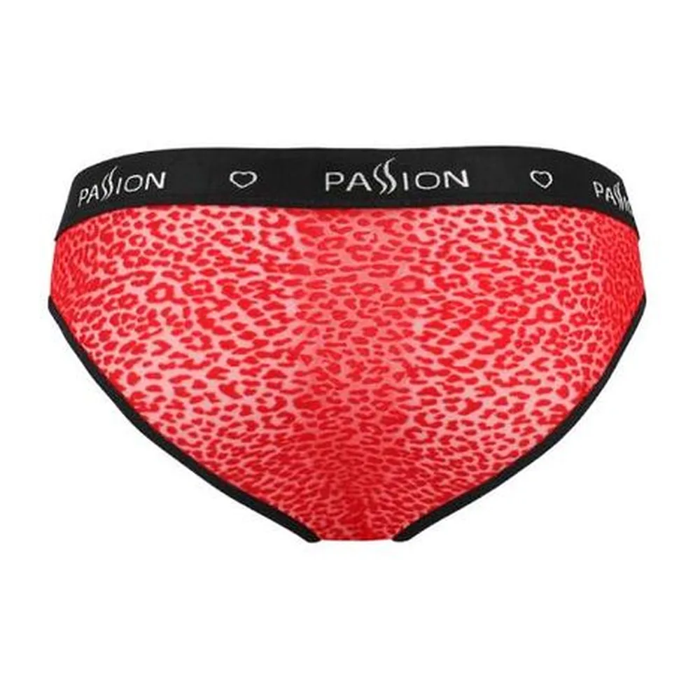 Slip en microfibre rouge à motif léopard, ceinture noire avec inscription Passion, contours en noir
