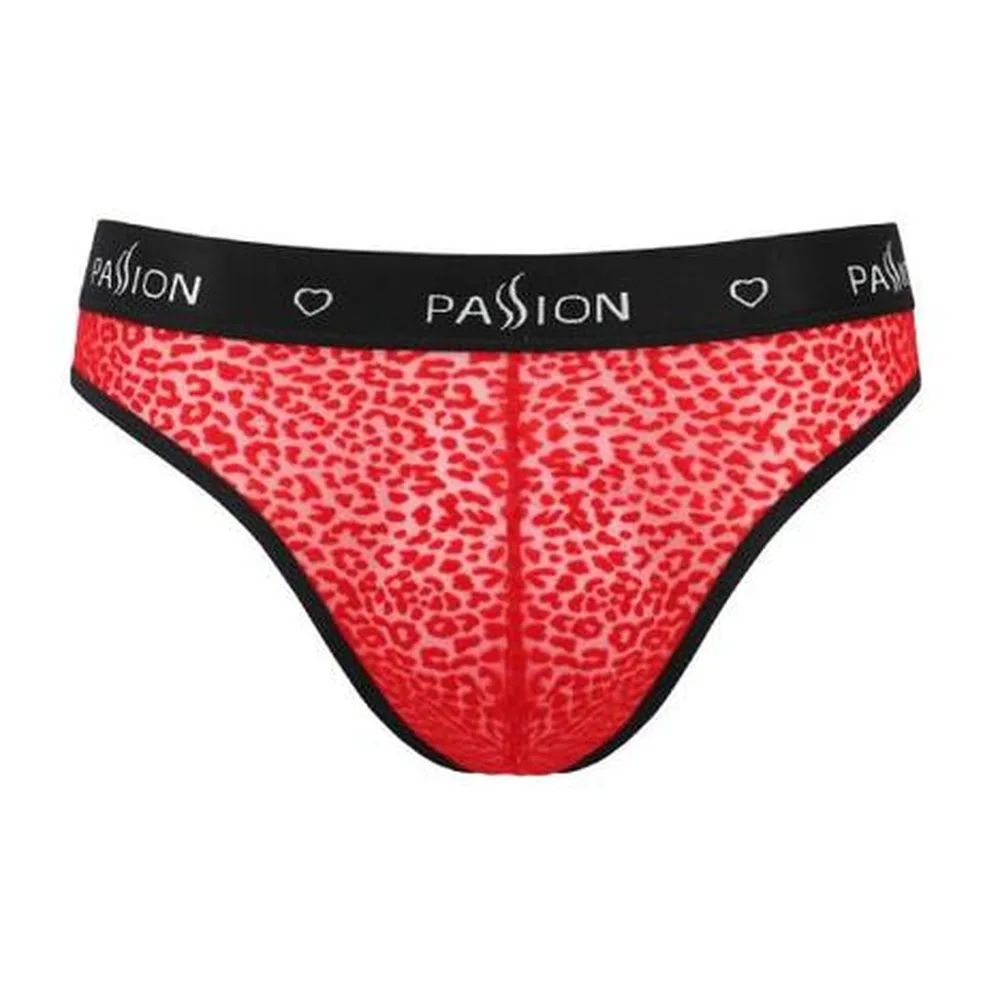 Slip en microfibre rouge à motif léopard, ceinture noire avec inscription Passion, contours en noir