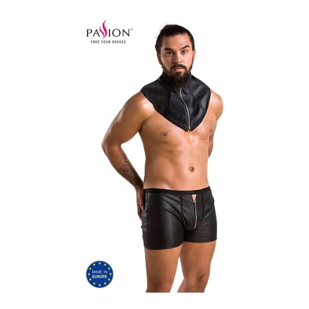 Boxer noir wetlook avec fermeture éclair argentée centrale, ceinture noire élastique et coutures contrastantes, sur fond blanc