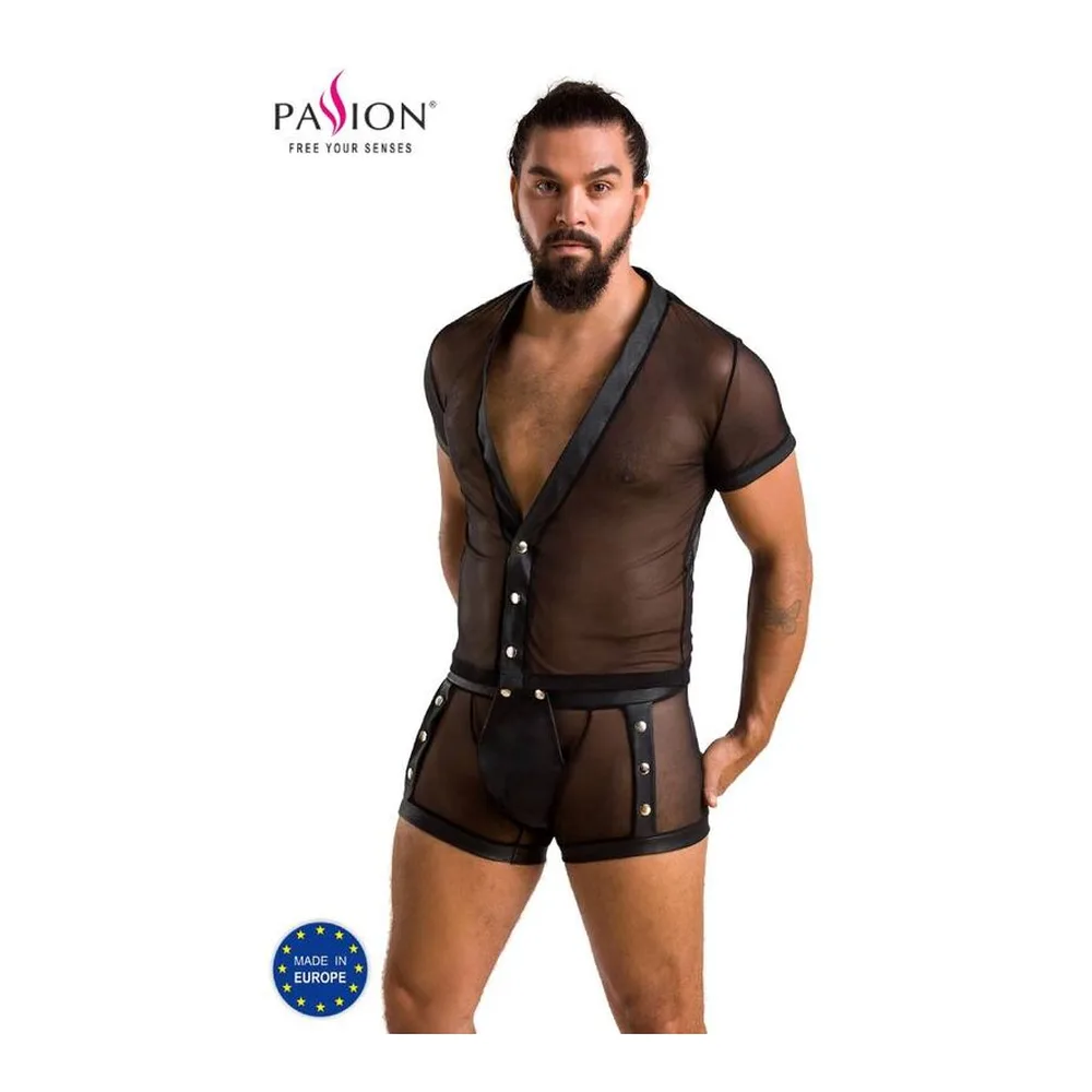 Ensemble Michael deux pièces en résille grise semi-transparente avec détails noirs : haut à manches courtes boutonné et boxer à pont pressionné sur fond blanc