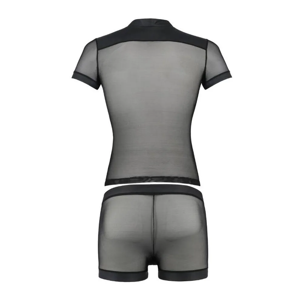Ensemble Michael deux pièces en résille grise semi-transparente avec détails noirs : haut à manches courtes boutonné et boxer à pont pressionné sur fond blanc