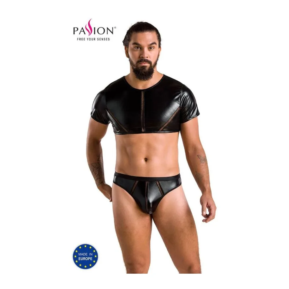 Ensemble de lingerie homme noir en similicuir brillant composé d'un haut court à manches courtes ouvertes sur les côtés et d'un string assorti, avec détails en mesh gris