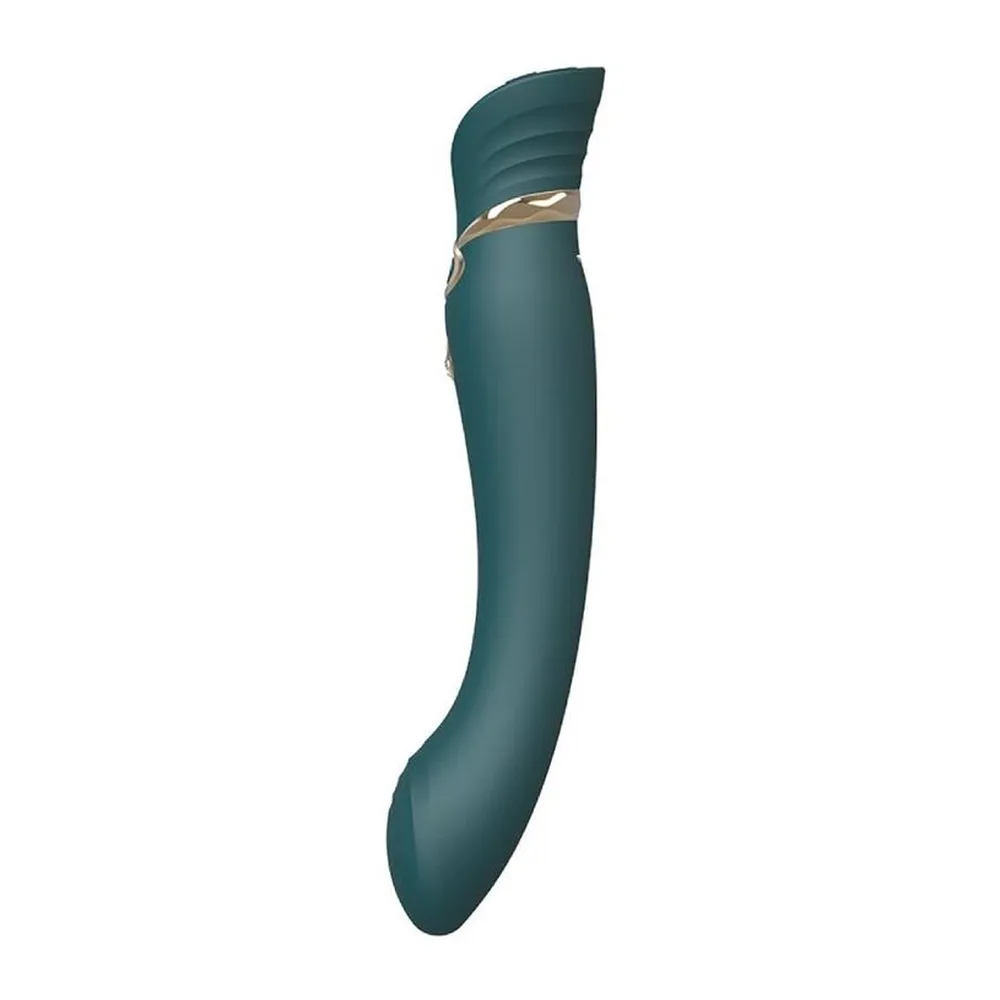 Vibromasseur point G en silicone vert bleuté avec col asymétrique, détails dorés et cristal serti, corps effilé se renflant à la base, sur fond blanc