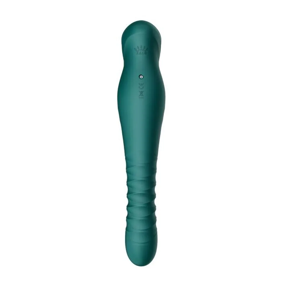 Vibromasseur King Thruster bleu-vert, forme incurvée et fuselée avec zone de préhension texturée à la base, sur fond blanc