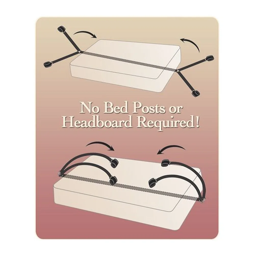Emballage du kit de retenue Bed Bindings, présentant une femme en tenue noire sur un lit blanc, avec les accessoires inclus visibles sur la boîte