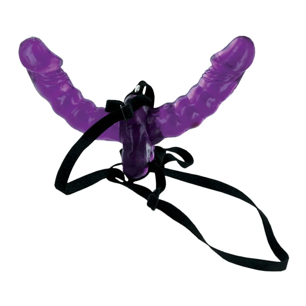Harnais double satin noir ajustable gode violet, autre vue 3