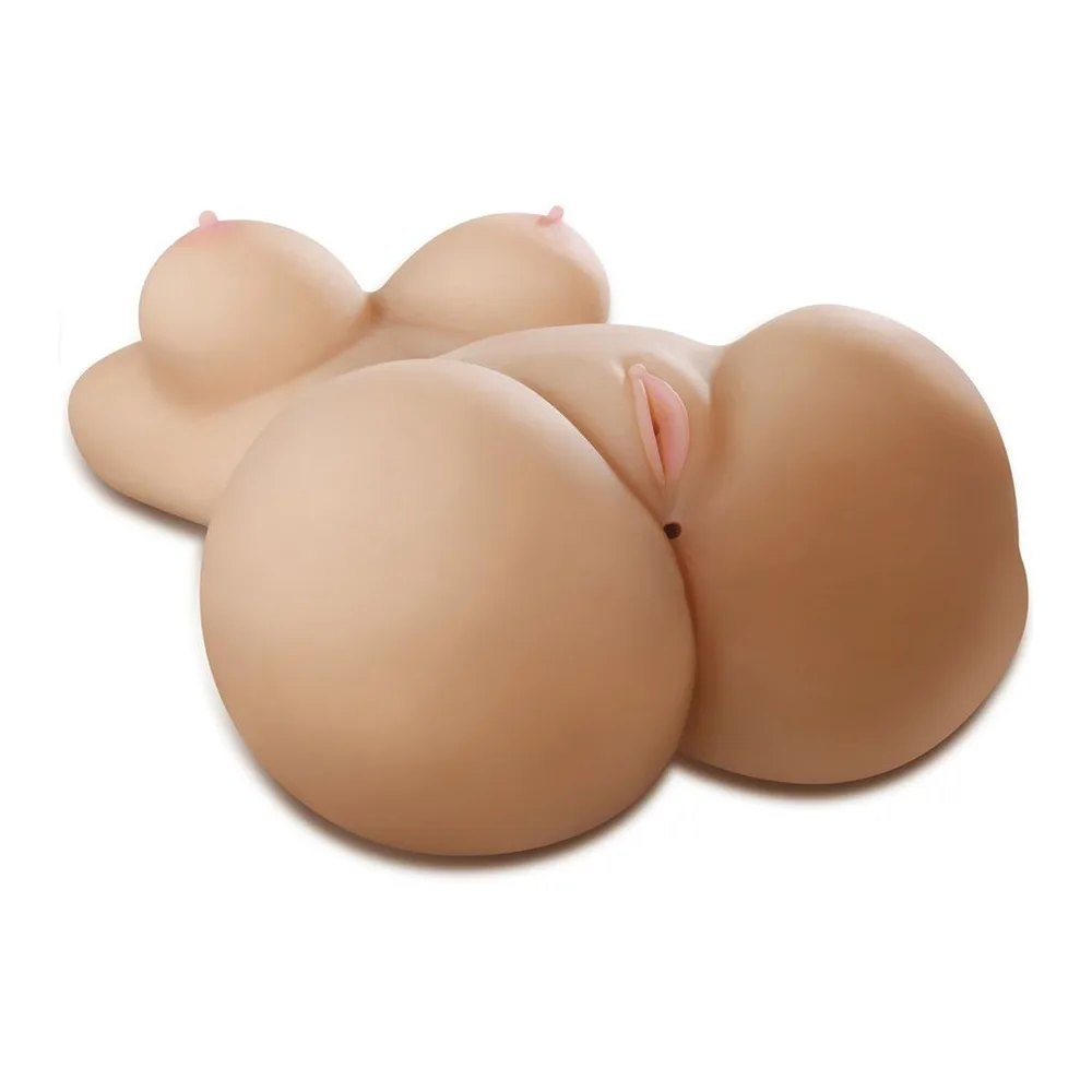 Masturbateur en silicone chair, forme de corps féminin allongé avec poitrine proéminente et détails anatomiques, sur fond blanc