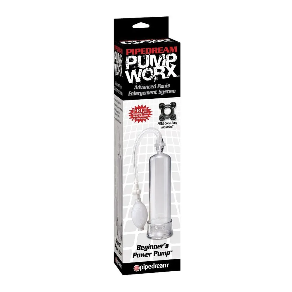 Pompe à pénis transparente avec cylindre clair, poire de compression blanche et tube flexible, sur fond blanc