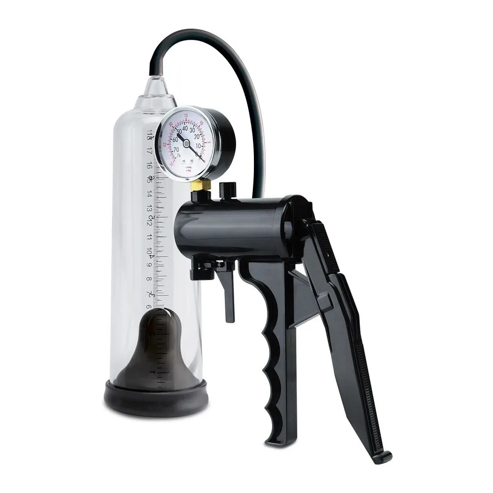 Pompe à pénis noire avec poignée pistolet intégrée, cylindre transparent et manomètre analogique à cadran blanc affichant l'échelle de pression
