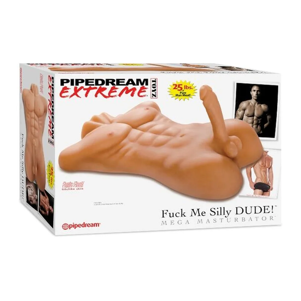 Emballage d'un masturbateur en silicone représentant un torse masculin musclé en teintes chair, avec détails anatomiques marqués, sur fond blanc