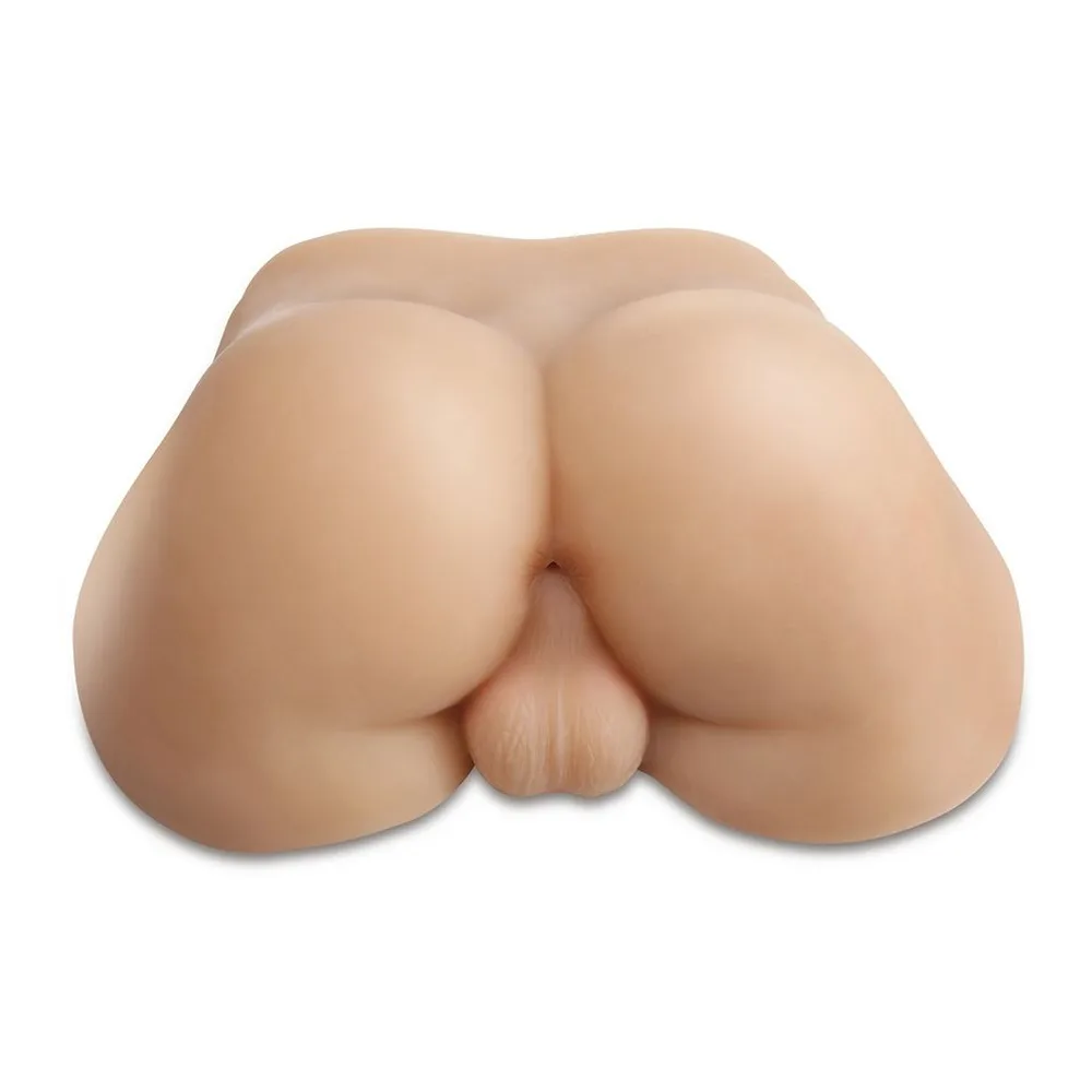 Masturbateur en silicone beige en forme de bassin masculin avec testicules moulés et entrée anale visible, sur fond blanc