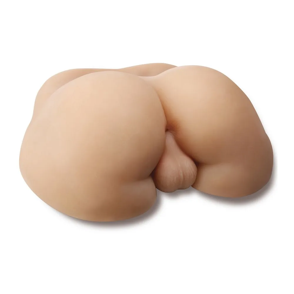 Masturbateur en silicone beige en forme de bassin masculin avec testicules moulés et entrée anale visible, sur fond blanc