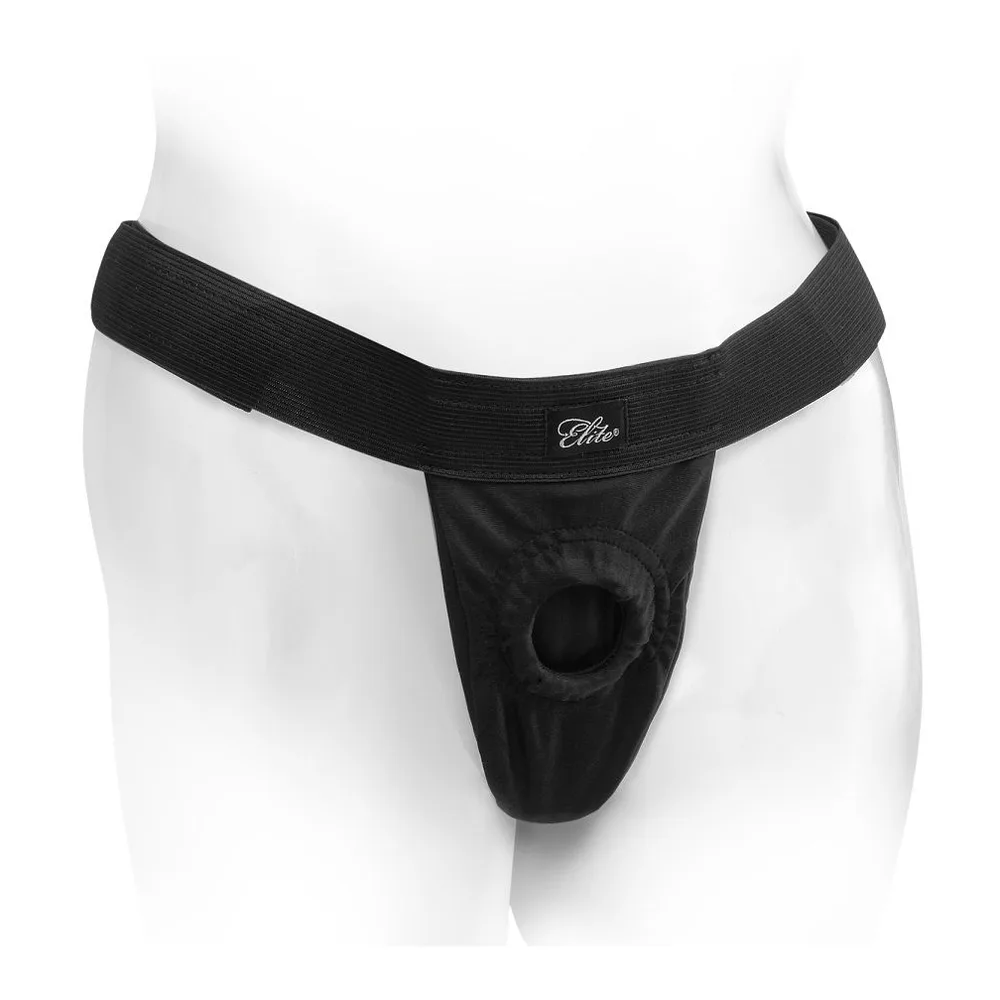 Harnais noir en tissu respirant avec ceinture élastiquée, équipé d'une ouverture pour gode, porté sur mannequin blanc