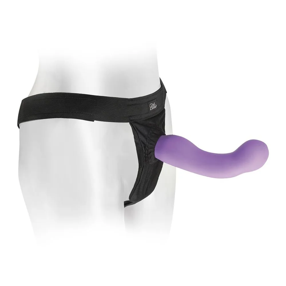 Harnais noir en tissu respirant avec ceinture élastiquée, équipé d'une ouverture pour gode, porté sur mannequin blanc