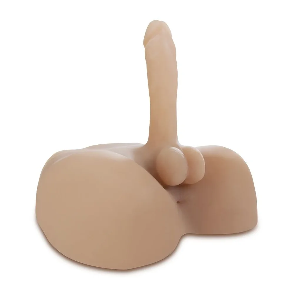 Masturbateur en silicone beige clair représentant un bassin et des fesses avec un pénis souple de 20 cm et un orifice anal, sur fond blanc