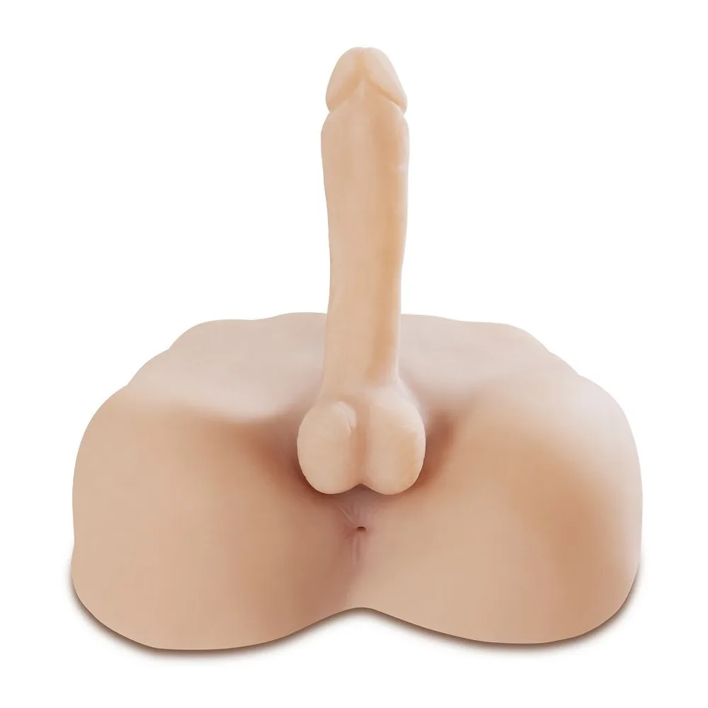 Masturbateur en silicone beige clair représentant un bassin et des fesses avec un pénis souple de 20 cm et un orifice anal, sur fond blanc