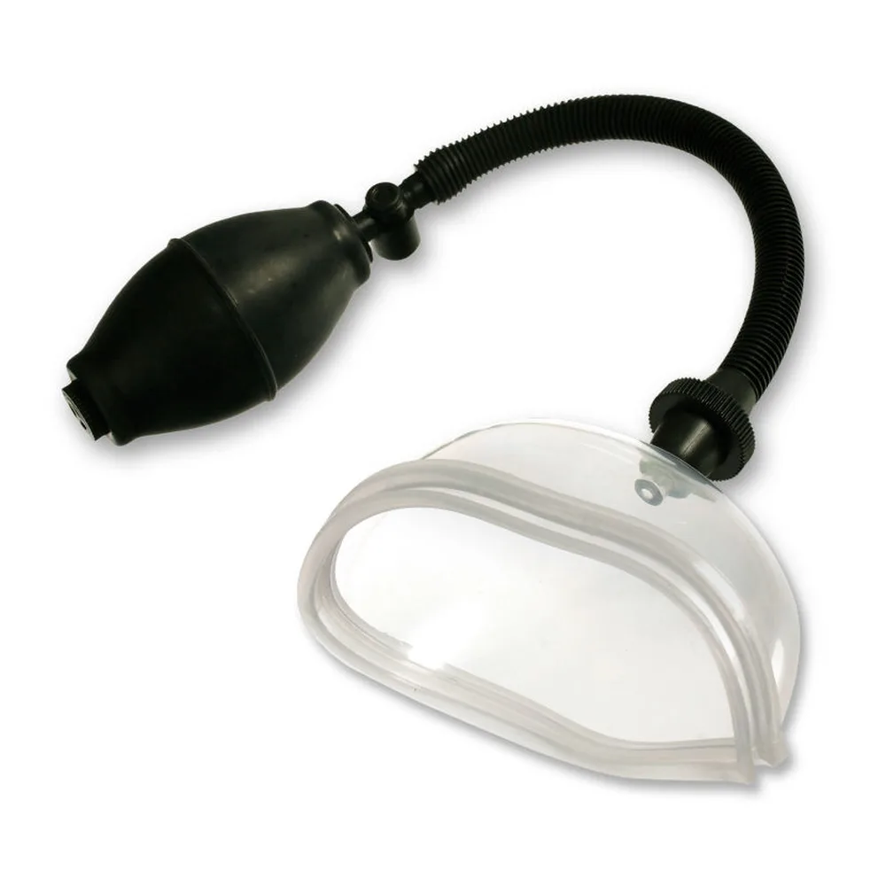 Pompe à pénis avec cloche transparente ovale et poire d'aspiration en caoutchouc noir reliée par tube flexible