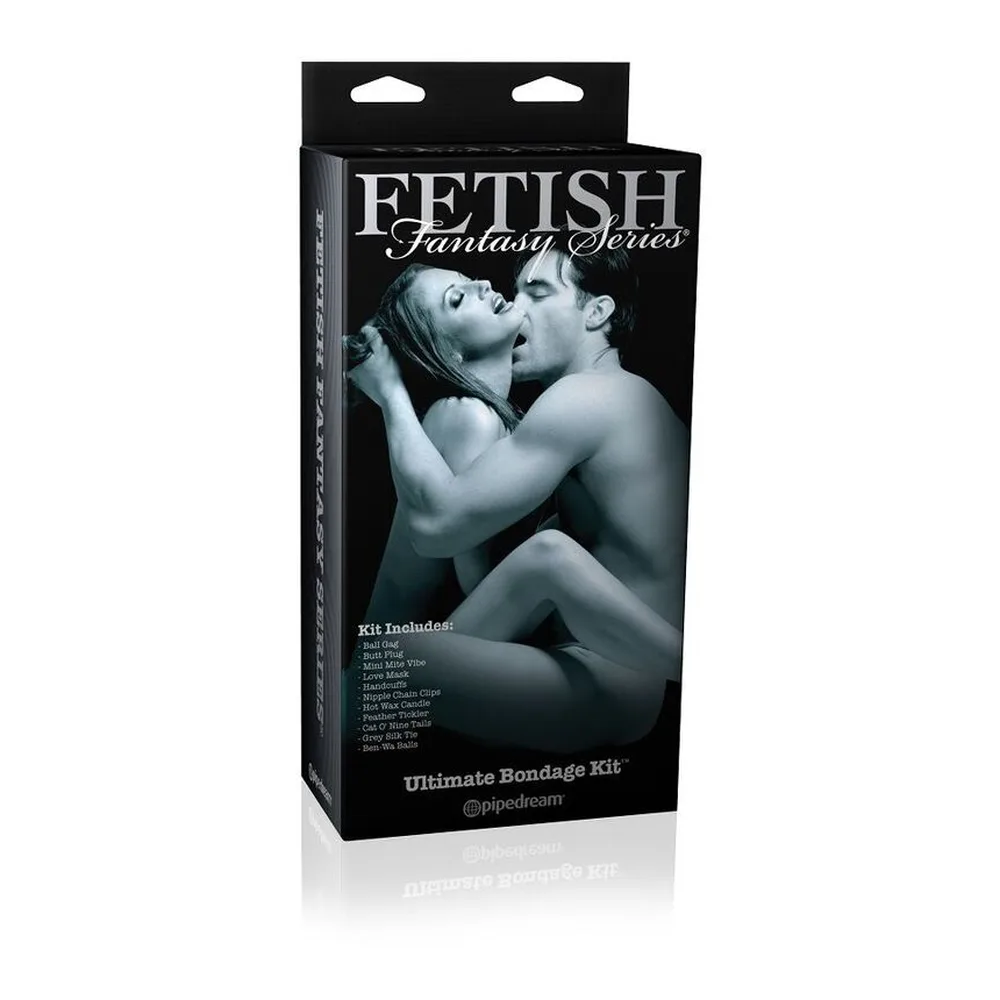 Emballage noir du kit de bondage Fetish Fantasy Series avec image de couple en noir et blanc, liste des accessoires inclus et logo de la marque Pipedream