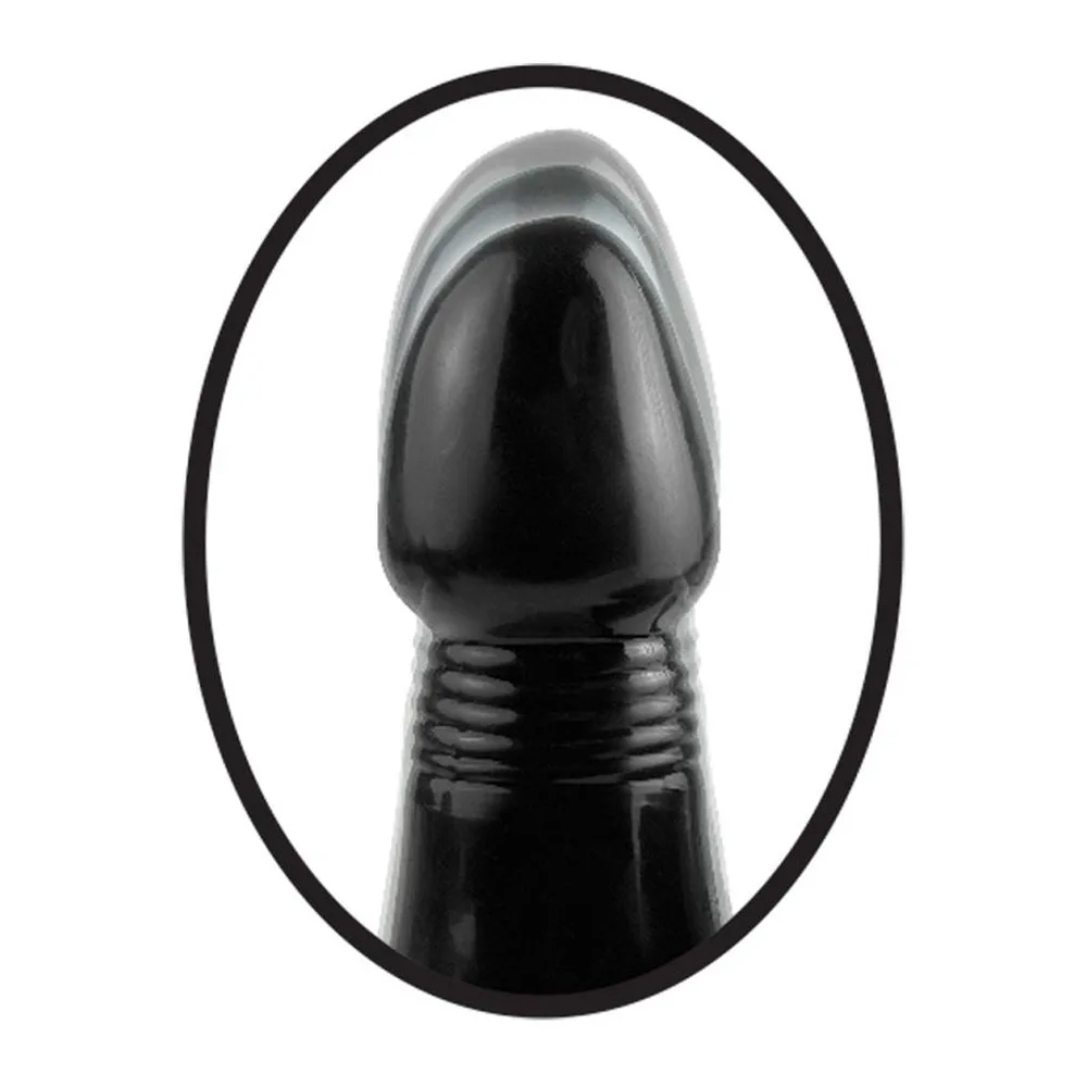 Vibrateur plug noir en silicone avec base ventouse, à côté de sa télécommande sans fil affichant les commandes de puissance et de modes vibration