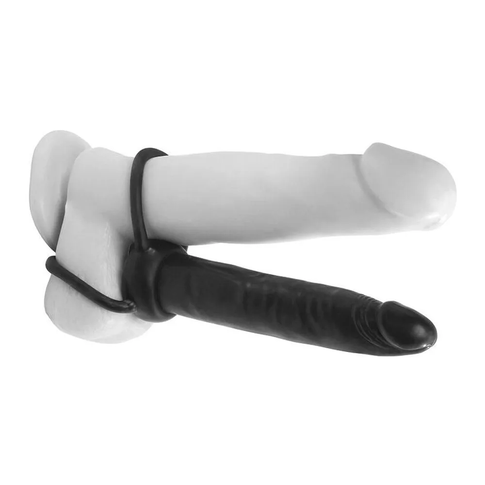Godemiché noir en silicone avec double anneau à la base, sur fond blanc