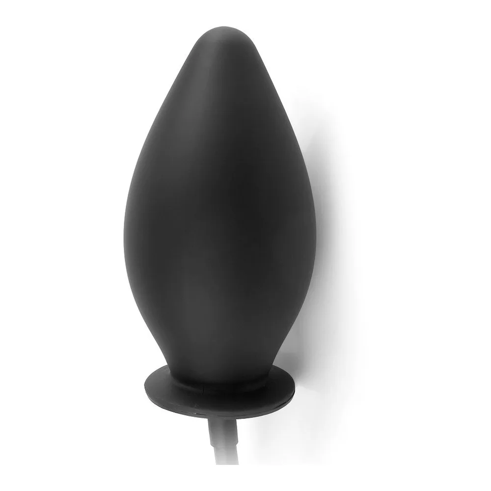 Plug anal gonflable en silicone noir, forme ovoïde allongée avec base plate et valve de gonflage visible en bas