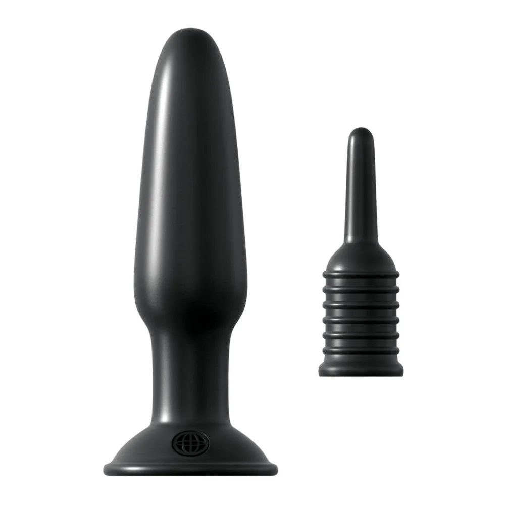 Masseur prostatique en silicone noir avec tige incurvée et base en anneau, accompagné d'une boule de stimulation sur fond blanc