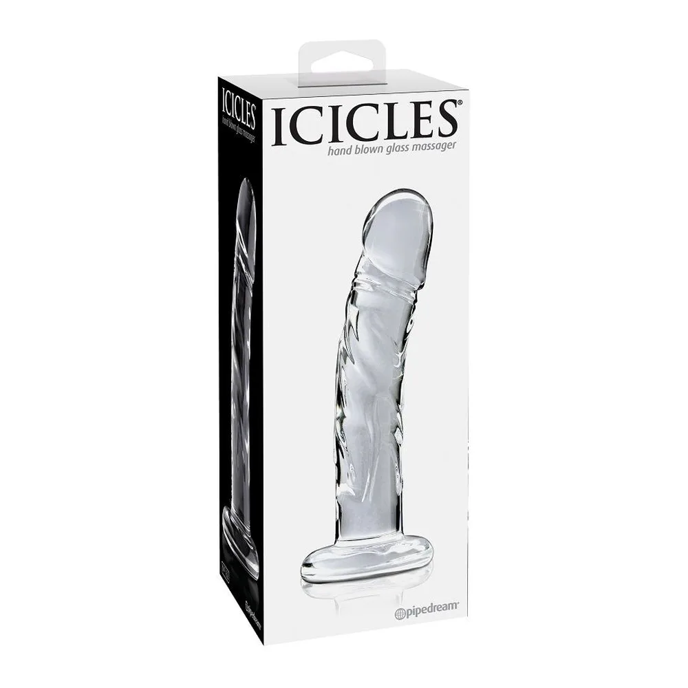 Gode en verre transparent avec corps incurvé et texturé, tête arrondie, base plate et large pour une stabilité optimale, sur fond blanc