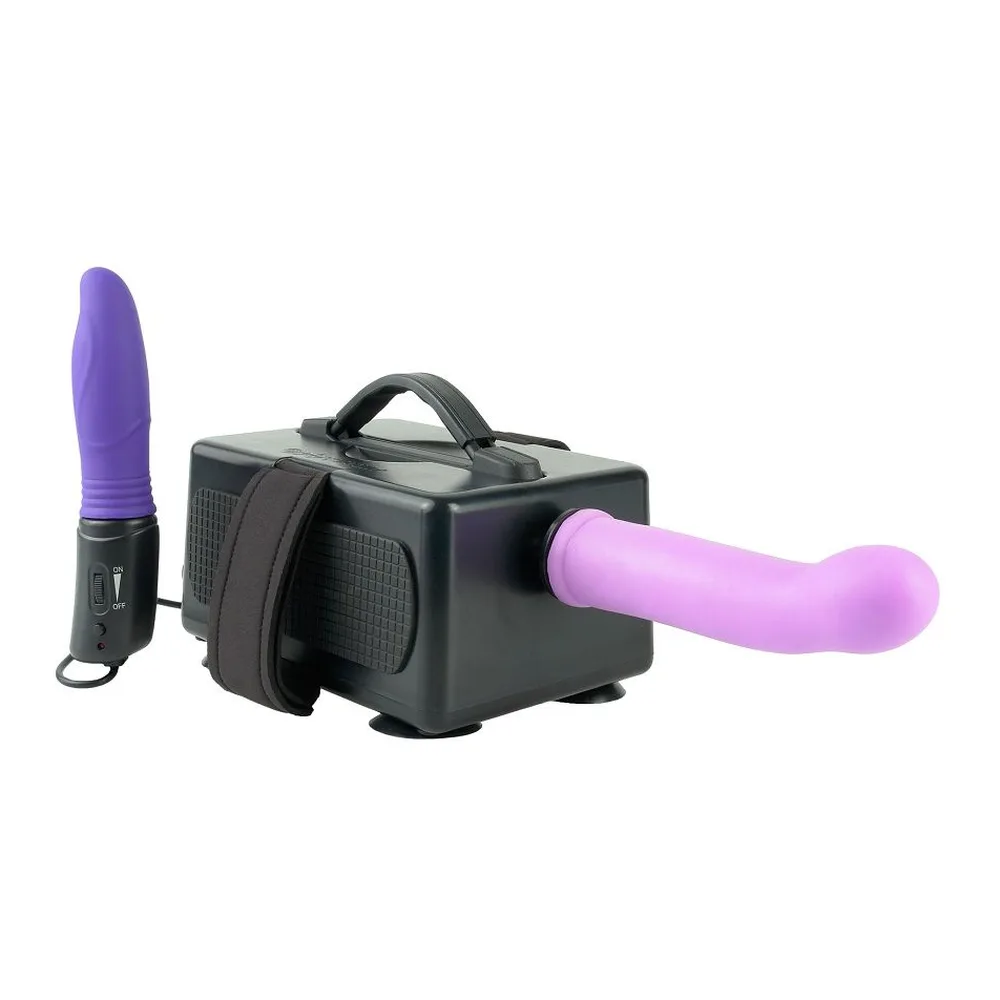 Ensemble complet Pipedream dans sac de transport noir : machine avec accessoires roses et beiges, masque, deux petits flacons et set de nettoyage avec plume