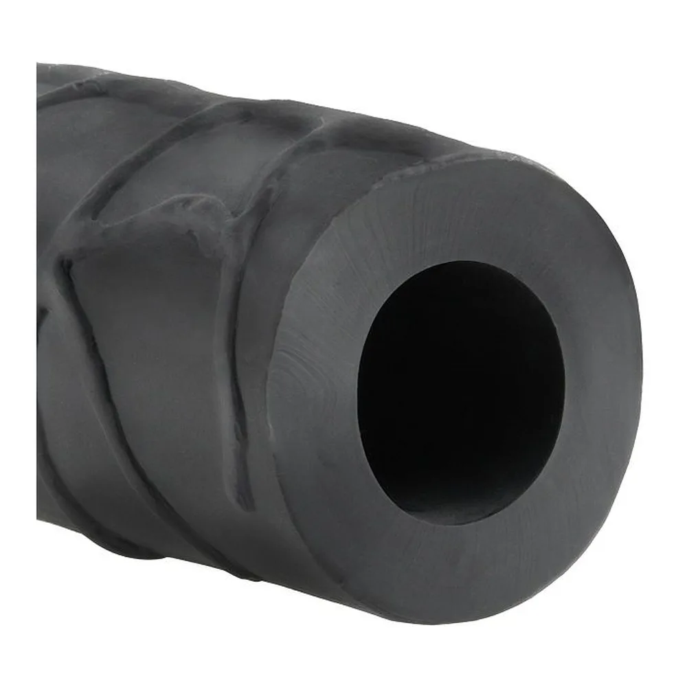 Rallonge noire en silicone avec sommet arrondi brun, corps cylindrique texturé de motifs en relief, fond blanc