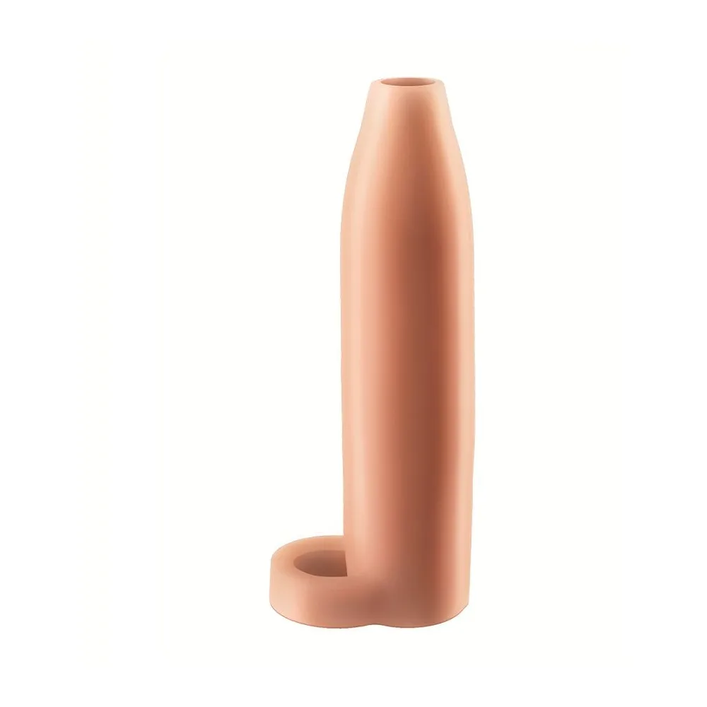 Boîte de la gaine Real Feel Enhancer XL en silicone chair, 7 pouces, avec étui transparent et sangle testiculaire, vue de face sur fond blanc