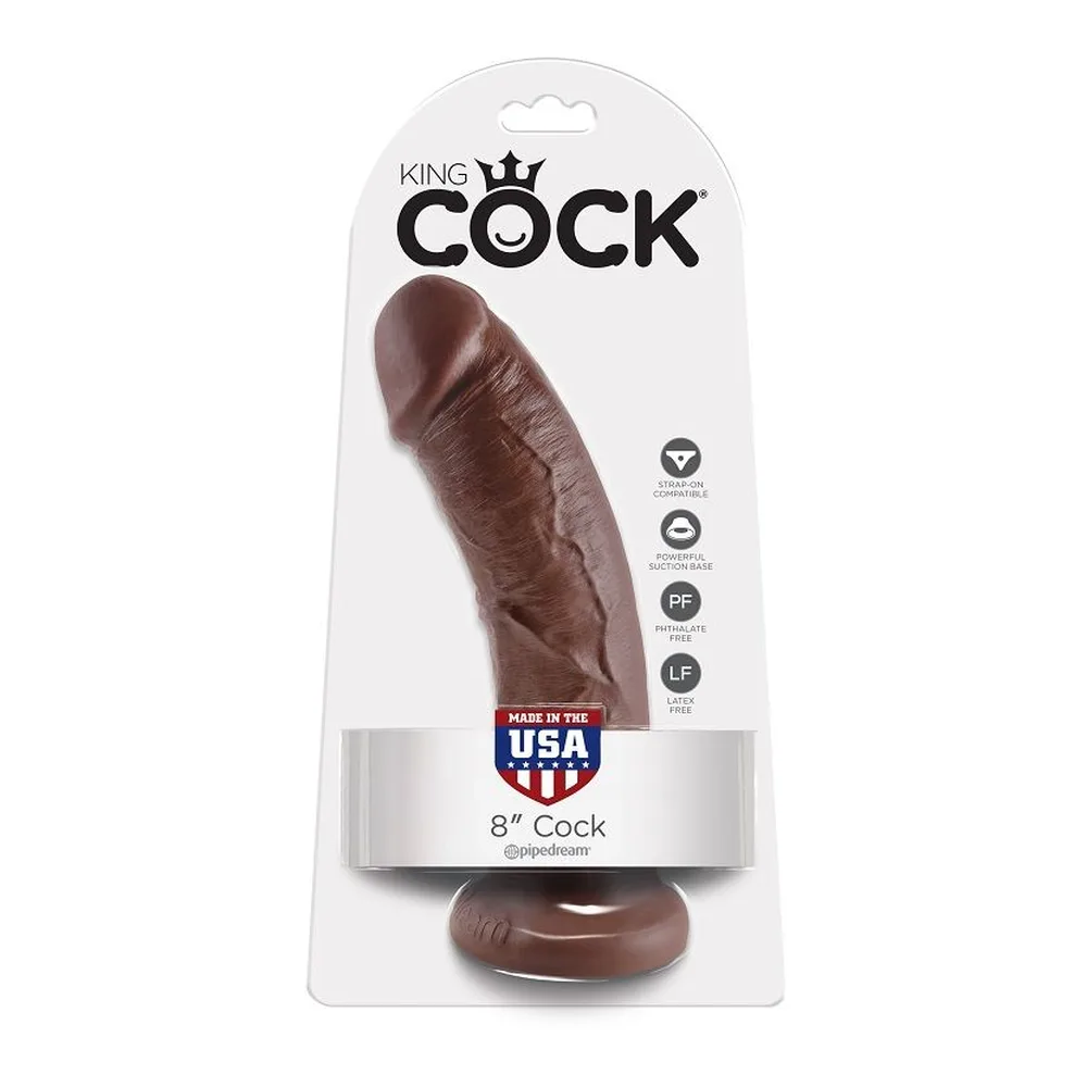 Emballage blister du gode King Cock 8 inch de couleur chair, avec ventouse à la base, sur fond blanc