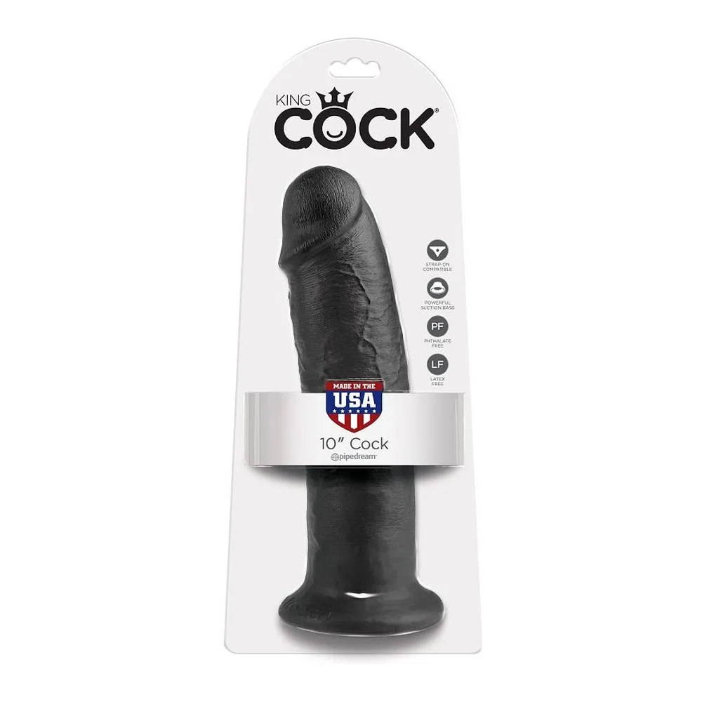 Emballage transparent présentant un gode noir réaliste de 25 cm avec ventouse, marque King Cock, sur fond blanc avec informations produit et pictogrammes
