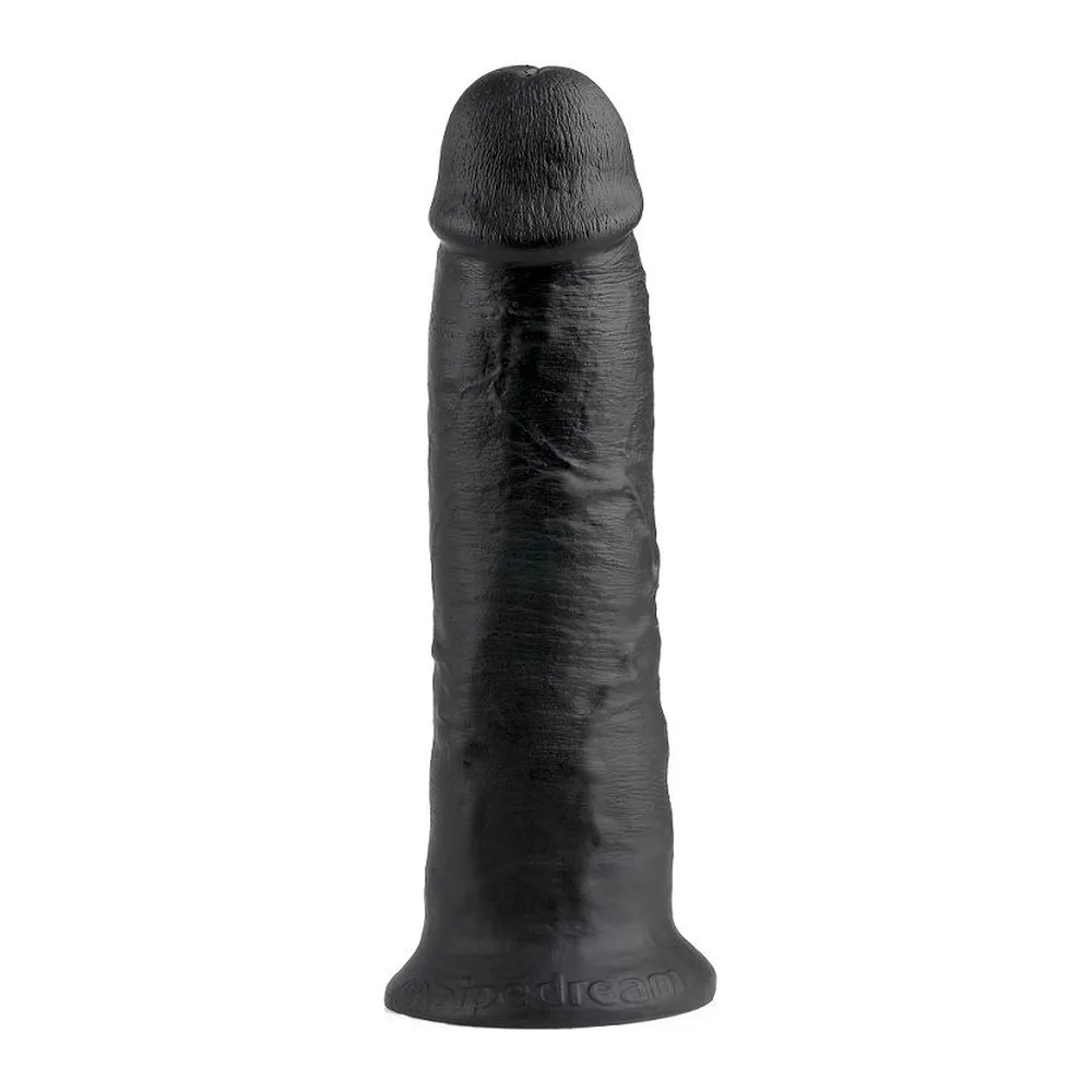 Emballage transparent présentant un gode noir réaliste de 25 cm avec ventouse, marque King Cock, sur fond blanc avec informations produit et pictogrammes