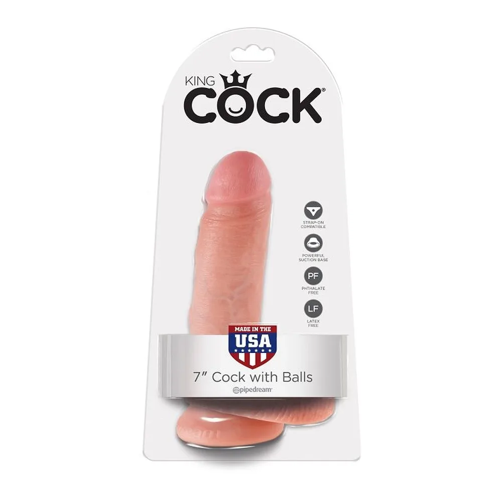 Emballage blister du gode King Cock 7" avec testicules, en latex chair, sur fond blanc avec logos de caractéristiques