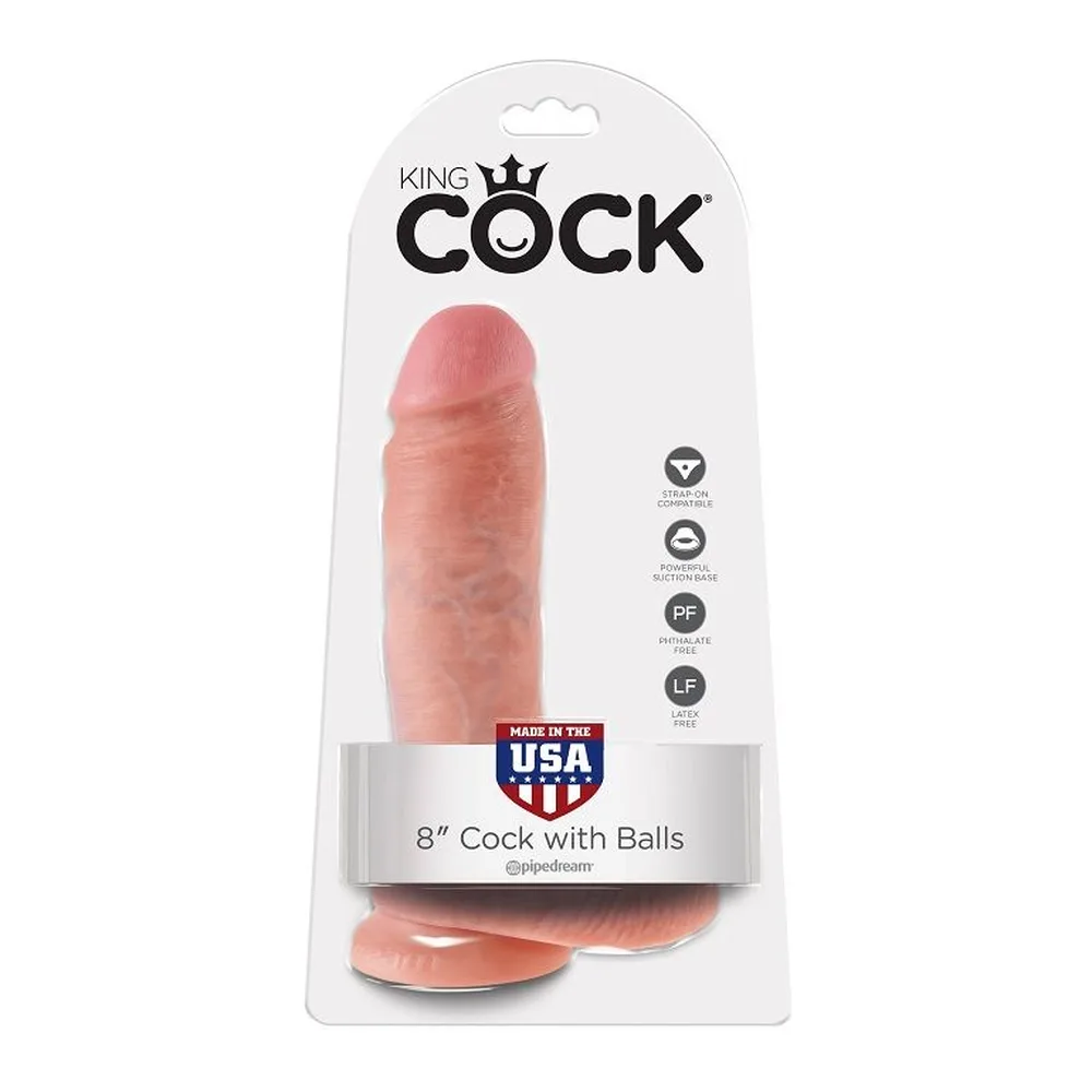 Emballage blister du gode King Cock de 20,3 cm en latex rose pêche avec testicules moulés, fabrication USA indiquée