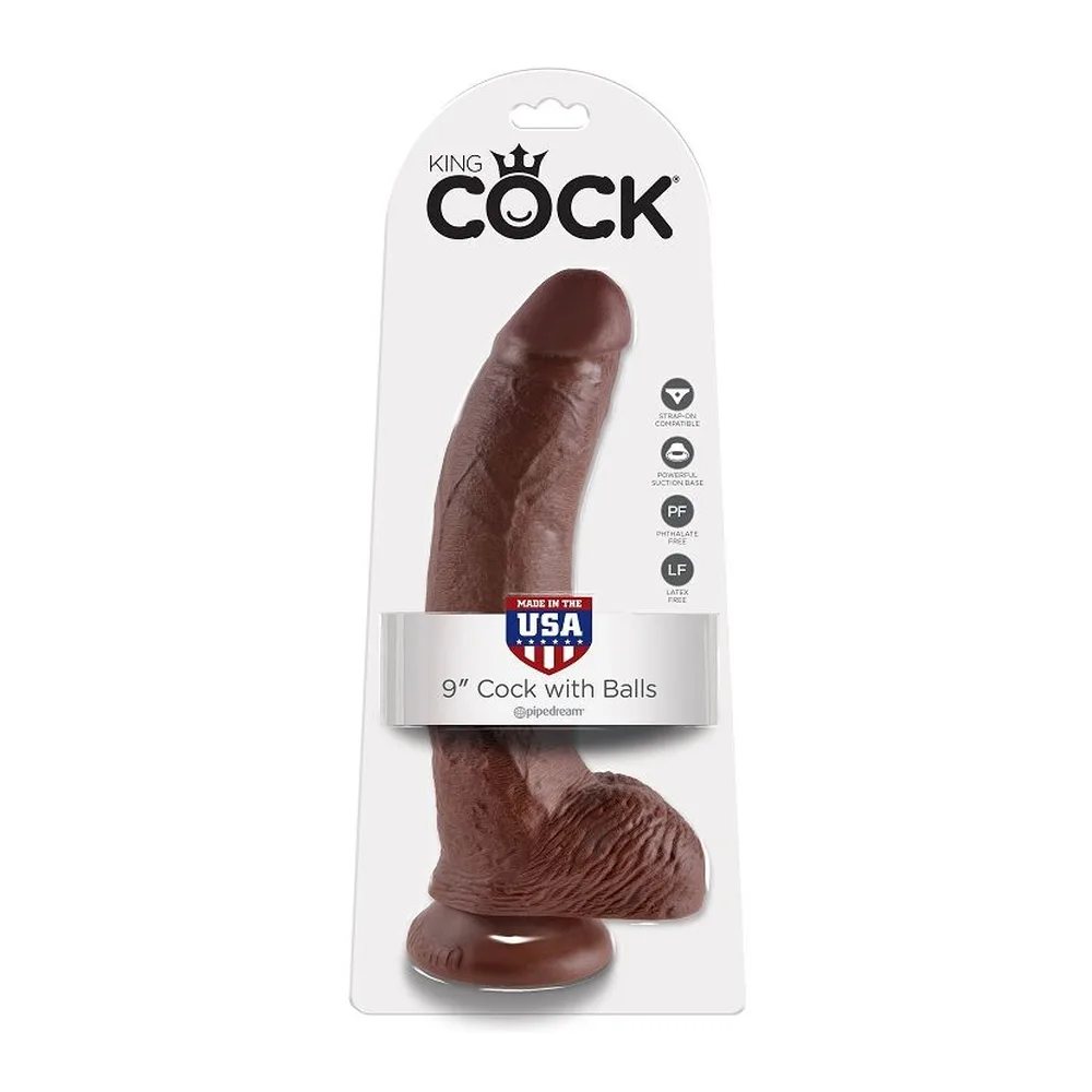 Emballage blister du gode réaliste King Cock 9 pouces avec testicules, coloris marron, vue du produit sur fond blanc