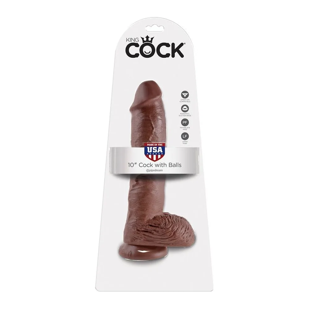 Emballage d'un gode réaliste rose clair en latex de 26 cm avec testicules, marque King Cock, sur fond blanc avec logo USA