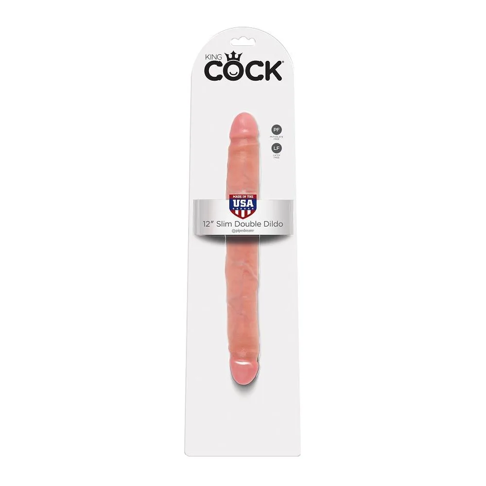 Emballage du double gode King Cock 12" Slim sur fond blanc, montrant le produit rose chair de 30 cm avec ses deux extrémités utilisables