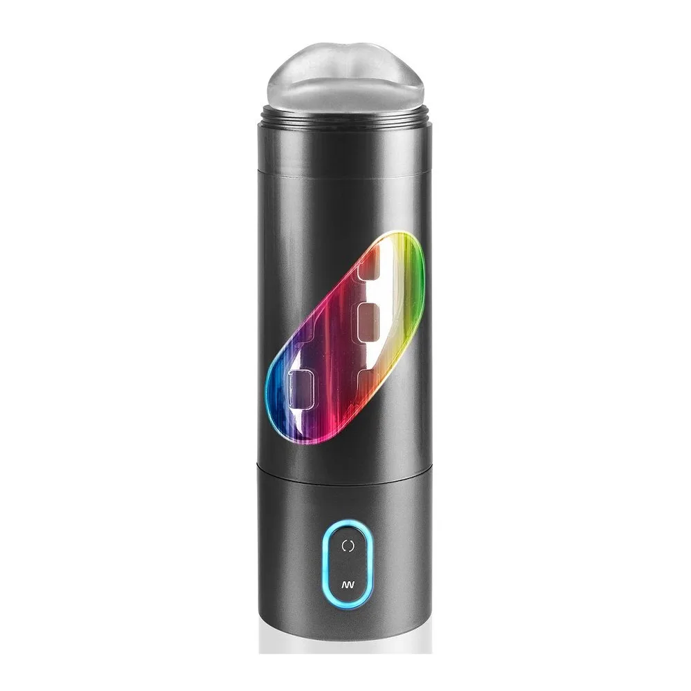 Masturbateur cylindrique en métal gris avec logo dégradé arc-en-ciel, bouton de contrôle luminescent à la base, fond blanc