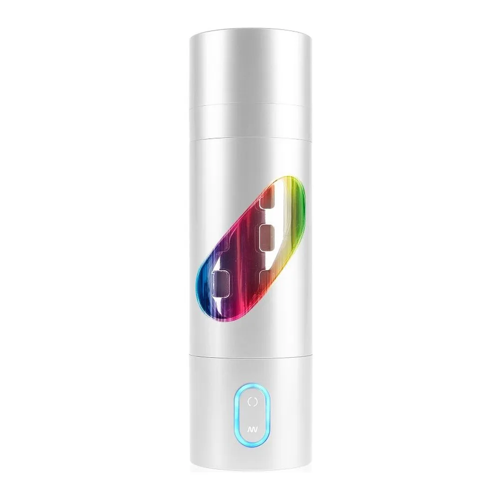 Masturbateur automatique blanc cylindrique avec gaine de silicone colorée dégradé arc-en-ciel, bouton de contrôle luminescent bleu en bas, sur fond blanc