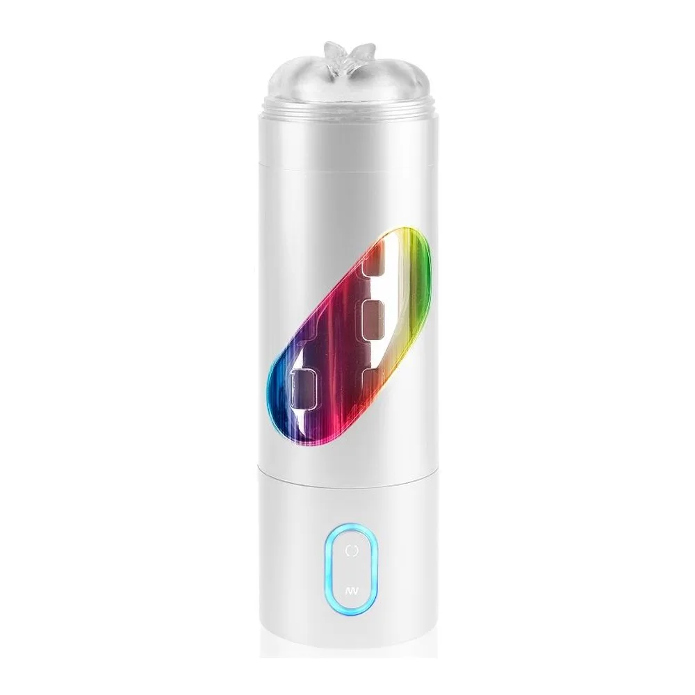 Masturbateur automatique blanc cylindrique avec gaine de silicone colorée dégradé arc-en-ciel, bouton de contrôle luminescent bleu en bas, sur fond blanc