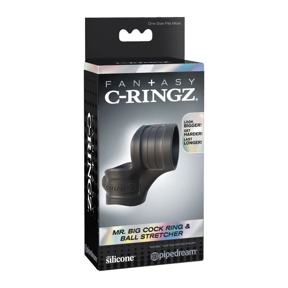 Cockring noir en silicone avec anneau principal et bande de maintien, nervurations en relief, design ergonomique, vue en perspective