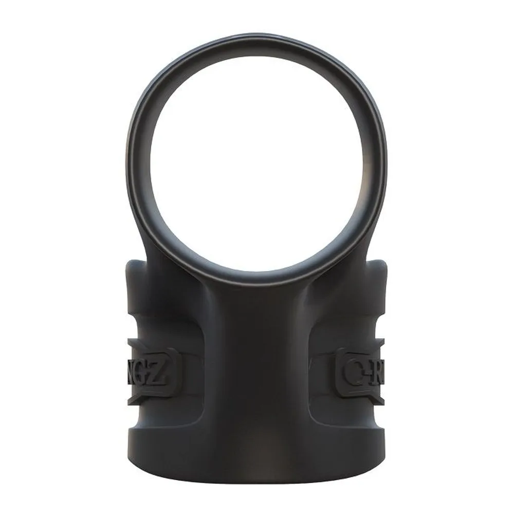 Cockring noir en silicone avec anneau principal et bande de maintien, nervurations en relief, design ergonomique, vue en perspective