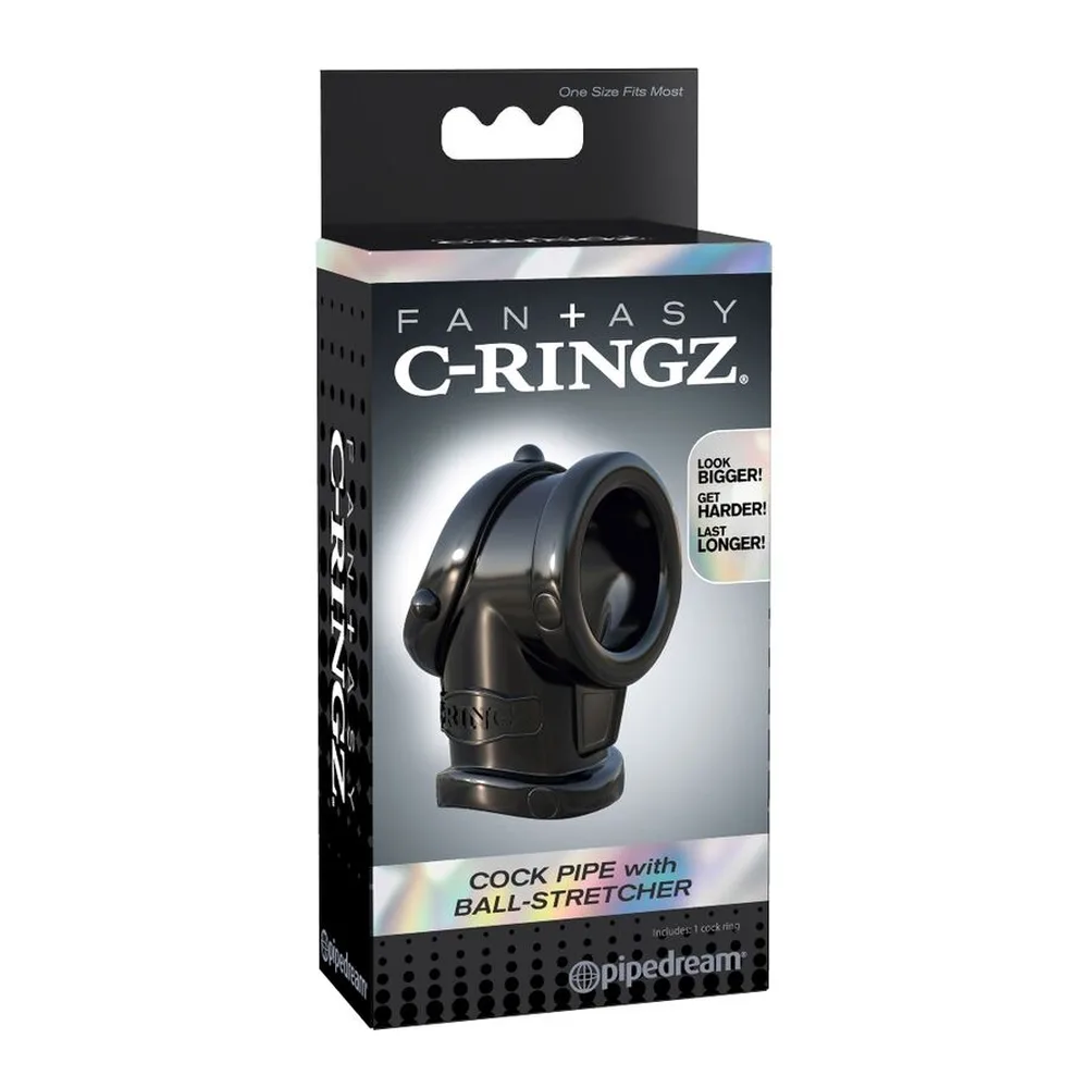 Cockring noir avec étireur de testicules intégré, montrant le cylindre transparent et les bandes élastiques, sur fond blanc avec schéma d'utilisation