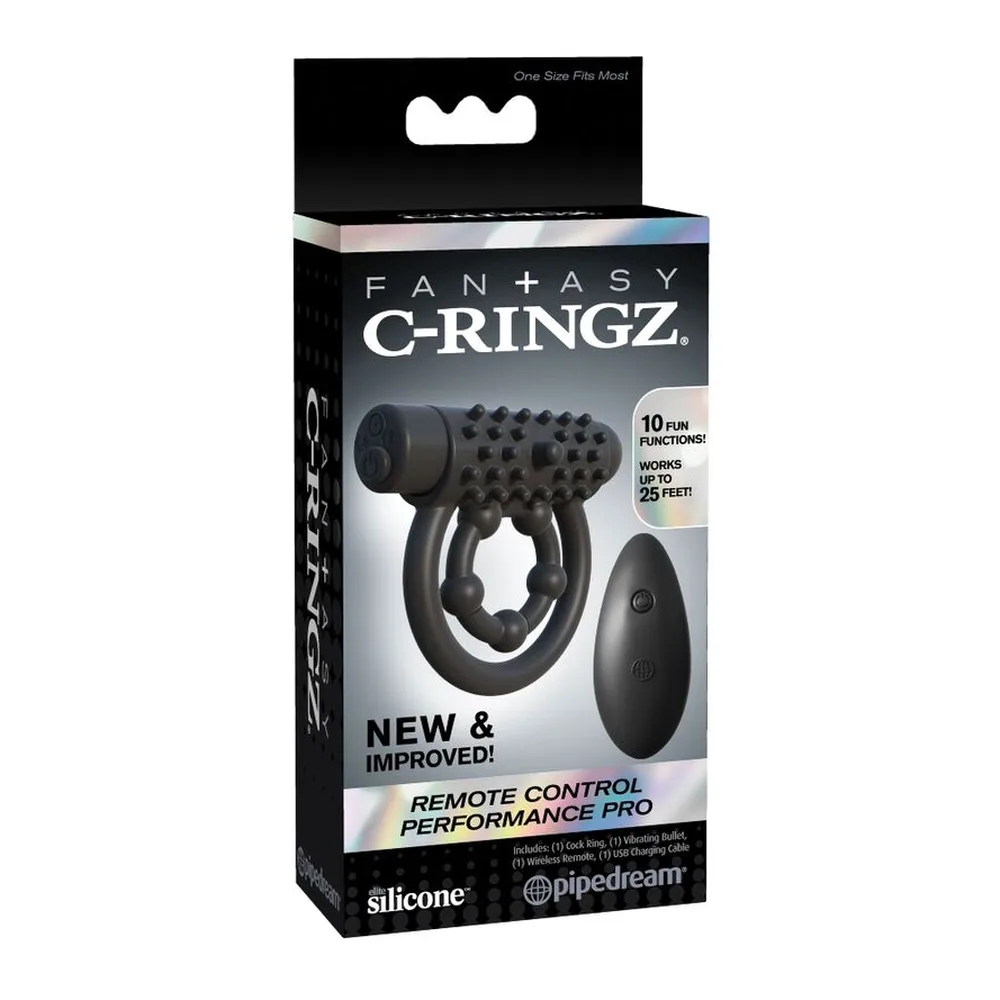 Anneau de pénis noir en silicone avec motifs texturés, perle stimulante illuminée en bleu, lanière de port, accompagné d'une télécommande noire Pipedream avec deux boutons de contrôle